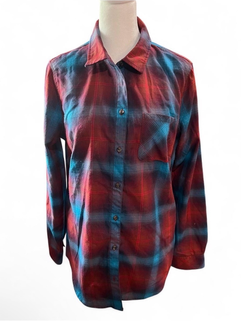 Women’s Plaid Button-Up Shirt in Deep Red and Blue